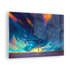 Quadro em vidro - Uma pessoa segurando balões coloridos contra um fundo de vento azul. - 70x50cm - Ao vento azul - Decoração de parede moderna para a sala de estar e quarto ARTTOR