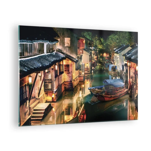Quadro em vidro - Rua chinesa à noite com barcos e luzes ao longo do canal - 70x50cm - Uma noite em uma rua chinesa - Decoração de parede moderna para a sala de estar e quarto ARTTOR