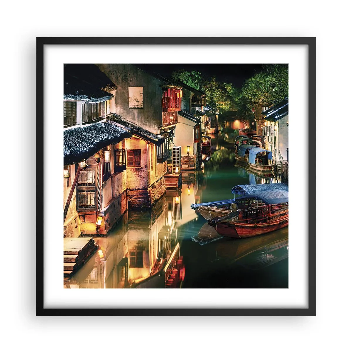 Pôster com moldura preta - Uma noite em uma rua chinesa - 50x50 cm