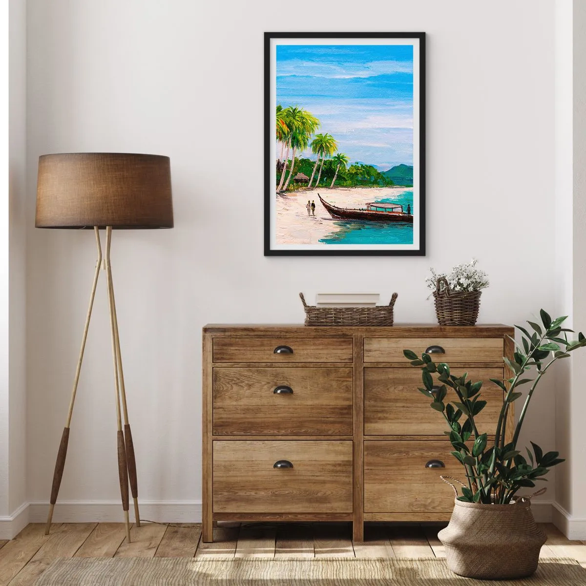 Pôster com moldura preta - Praia tropical com palmeiras e um barco na praia - 50x70cm - Um sonho exótico - Decoração de parede moderna para a sala de estar e quarto ARTTOR