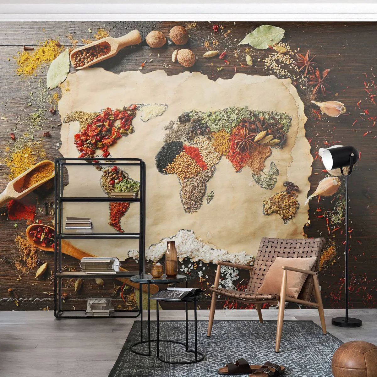 Papel de Parede Autocolante Deluxe Sticker - Todos os gostos do mundo - Gastronomia, Mapa mundial, Especiarias Secas - 250x175 cm