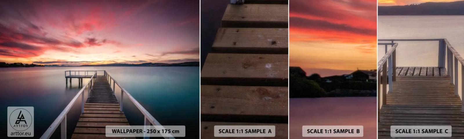 Amostra de Papel de Parede Standard Eco - A chama suave da noite - Paisagem, Pôr do sol, Cais de madeira - 100x30 cm