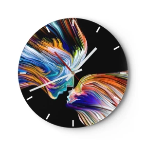 Relógio de parede - Relógio em vidro - Dois rostos com linhas coloridas e espiraladas em um fundo preto. - 30x30cm - Fusão de energia e luz - Decoração de parede moderna para a sala de estar, cozinha e quarto ARTTOR