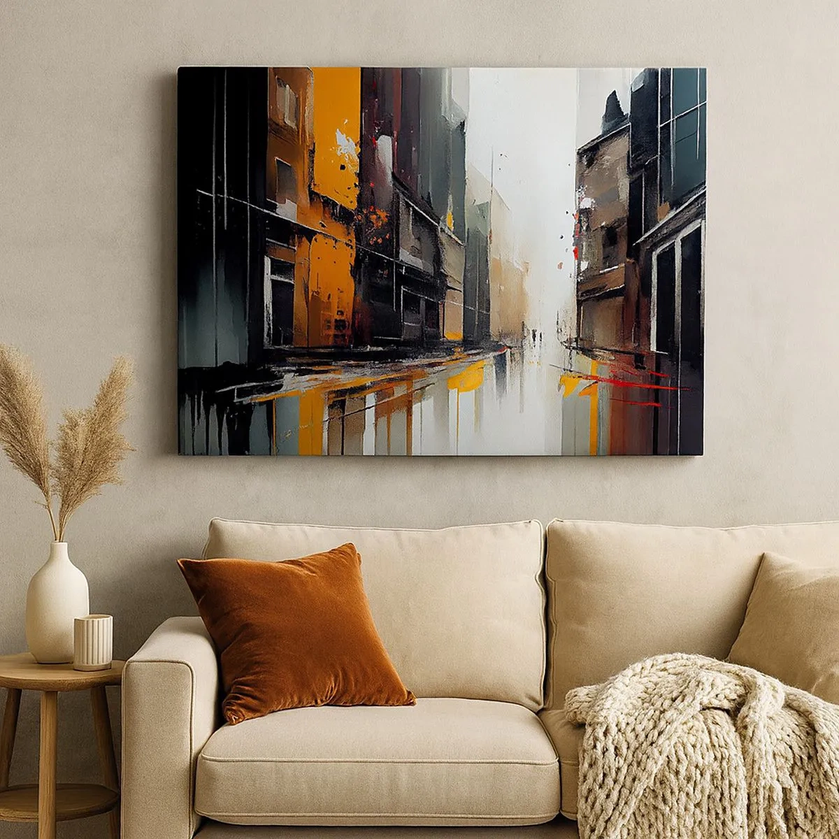 Quadro em tela - Visão abstrata de uma rua da cidade na chuva - 70x50cm - Dia chuvoso - Decoração de parede moderna para a sala de estar e quarto ARTTOR