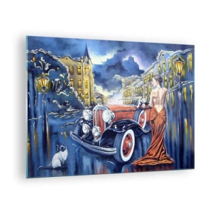 Quadro em vidro - Uma mulher com um vestido elegante ao lado de um carro clássico - 70x50cm - Música instrumental em azul e coral - Decoração de parede moderna para a sala de estar e quarto ARTTOR