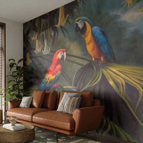 Papel de Parede Autocolante Deluxe Sticker - Romantismo nos trópicos - Papagaio Ara, Animais, Floresta tropical - 200x140 cm