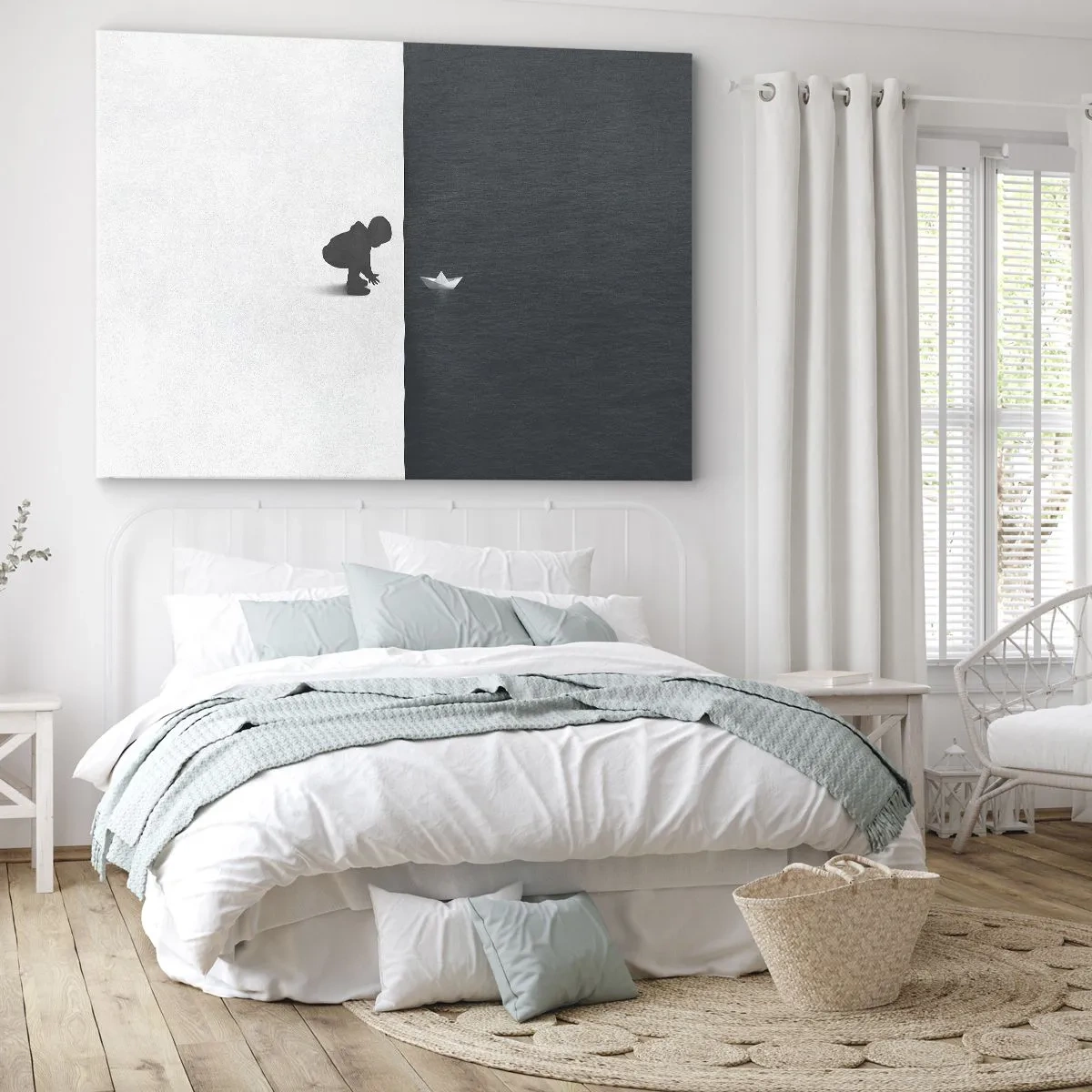 Quadro em tela - Figura de uma criança com um barquinho de papel contra um fundo de metades contrastantes - 70x50cm - Grande expedição - Decoração de parede moderna para a sala de estar e quarto ARTTOR