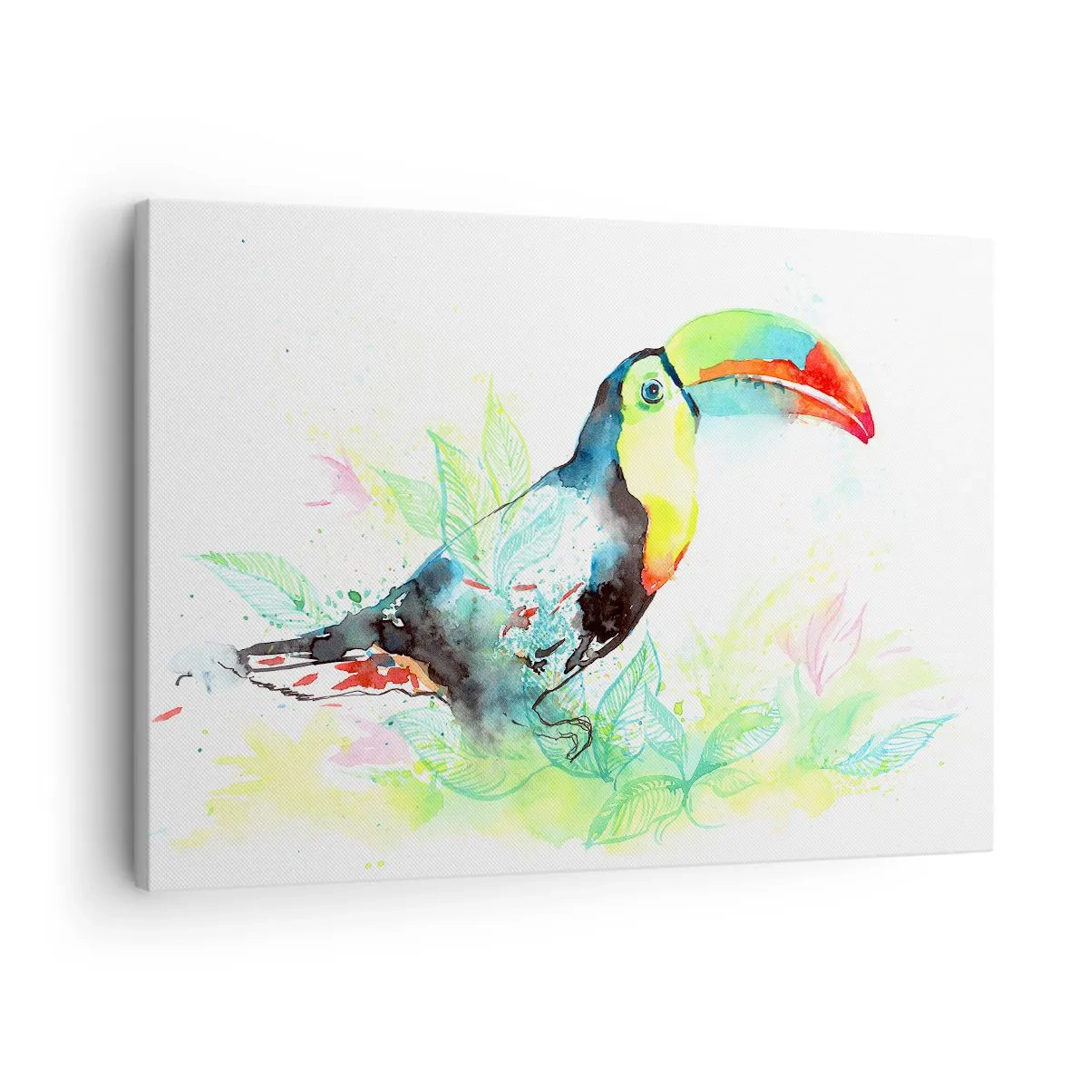Quadro em tela - Ilustração em aquarela de um tucano em um fundo tropical - 70x50cm - Colorido como a América do Sul - Decoração de parede moderna para a sala de estar e quarto ARTTOR