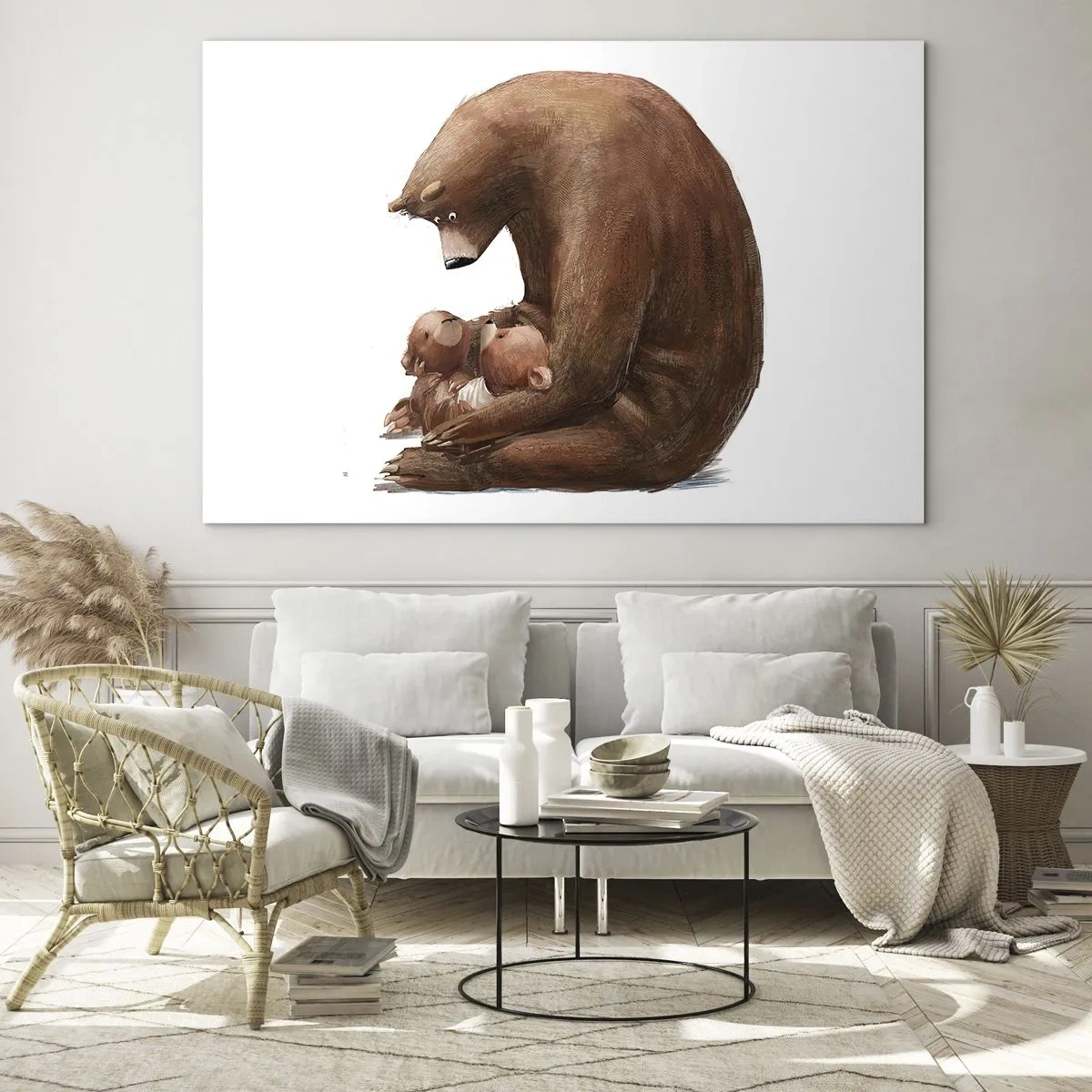 Quadro em vidro - Uma ursa abraçando dois filhotes de urso - 70x50cm - Doces sonhos, crianças - Decoração de parede moderna para a sala de estar e quarto ARTTOR