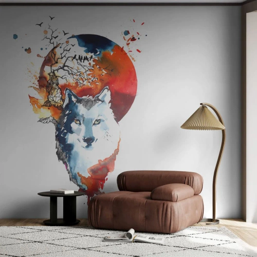 Papel de Parede Premium Sand - Nariz a nariz com a noite - Abstração, Animais, Lobo - 450x315 cm
