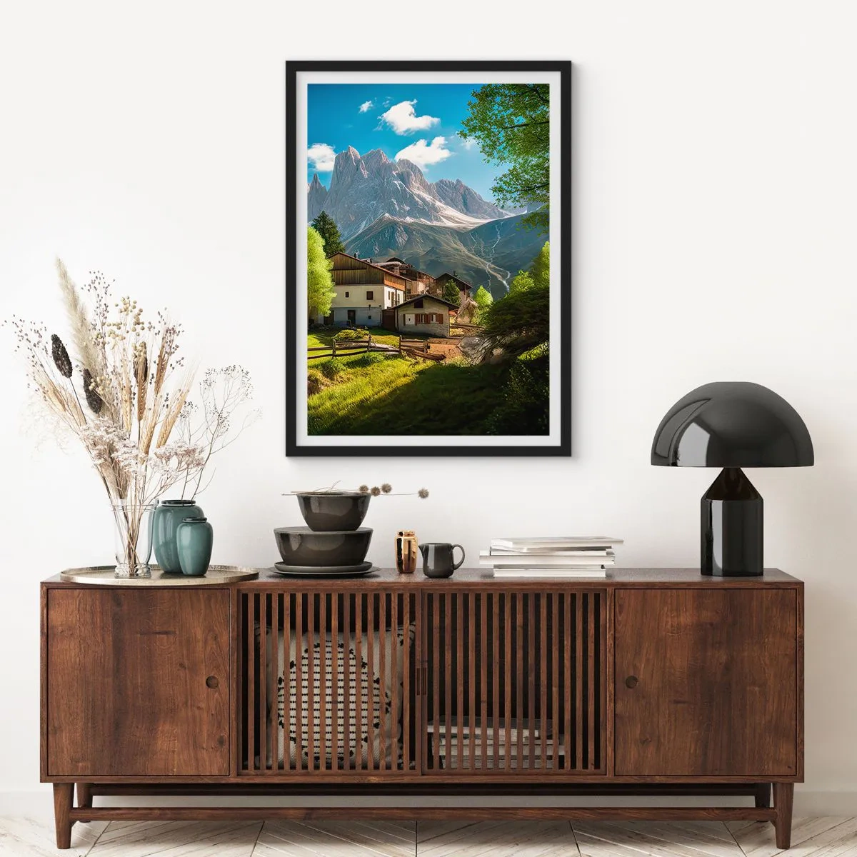 Pôster com moldura preta - Uma aldeia de montanha no sopé de picos majestosos - 50x70cm - Idílio alpino - Decoração de parede moderna para a sala de estar e quarto ARTTOR