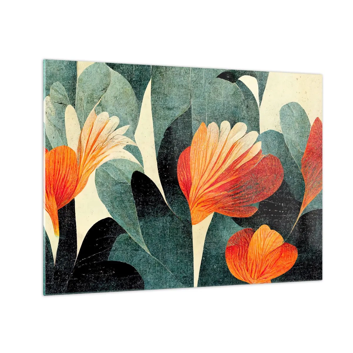 Quadro em vidro - Flores de laranjeira sobre um fundo de folhas verde-escuras - 70x50cm - O calor dos trópicos e o frescor da vegetação - Decoração de parede moderna para a sala de estar e quarto ARTTOR