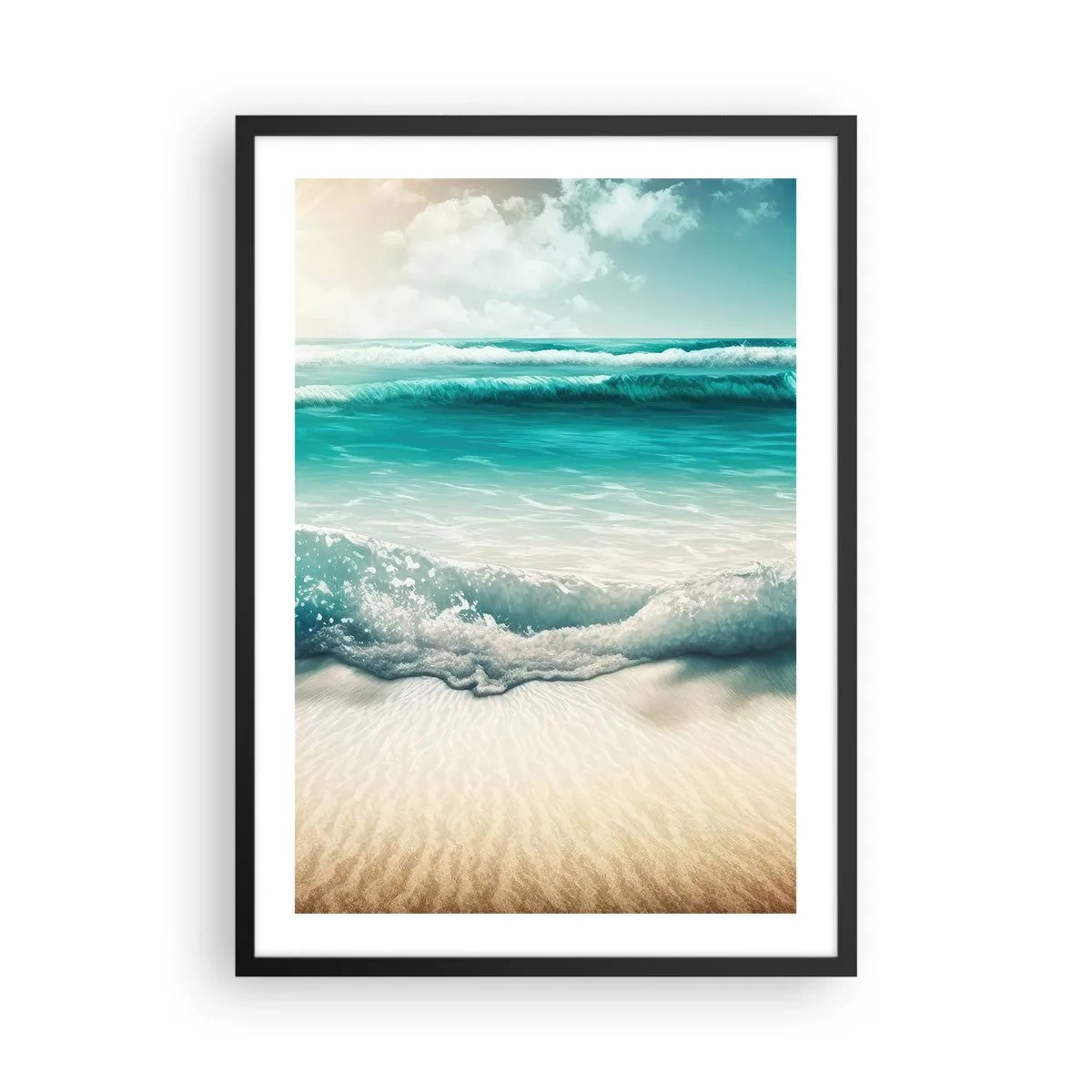 Pôster com moldura preta - Ondas turquesas quebrando na areia dourada da praia - 50x70cm - A paz do oceano - Decoração de parede moderna para a sala de estar e quarto ARTTOR