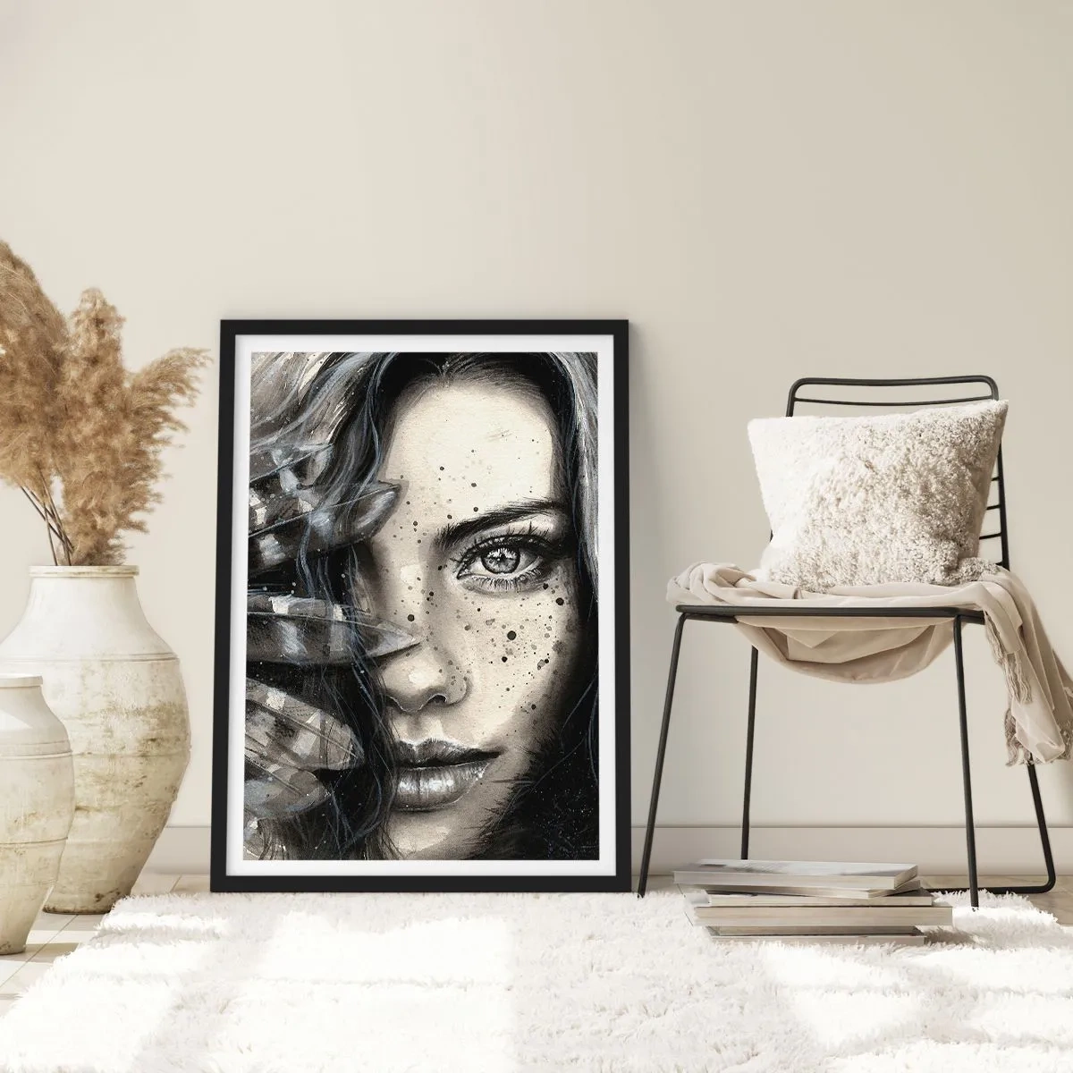 Pôster com moldura preta - Retrato de uma mulher em estilo monocromático - 50x70cm - Beleza selvagem - Decoração de parede moderna para a sala de estar e quarto ARTTOR