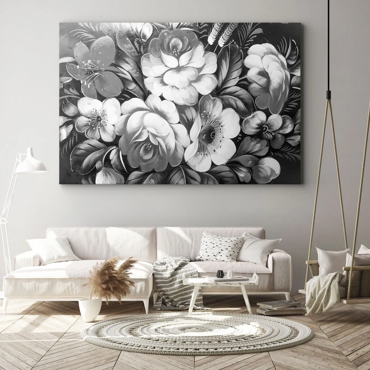 Quadro em tela - Flores pretas e brancas em uma composição clássica e elegante - 70x50cm - A beleza em cinza - Decoração de parede moderna para a sala de estar e quarto ARTTOR