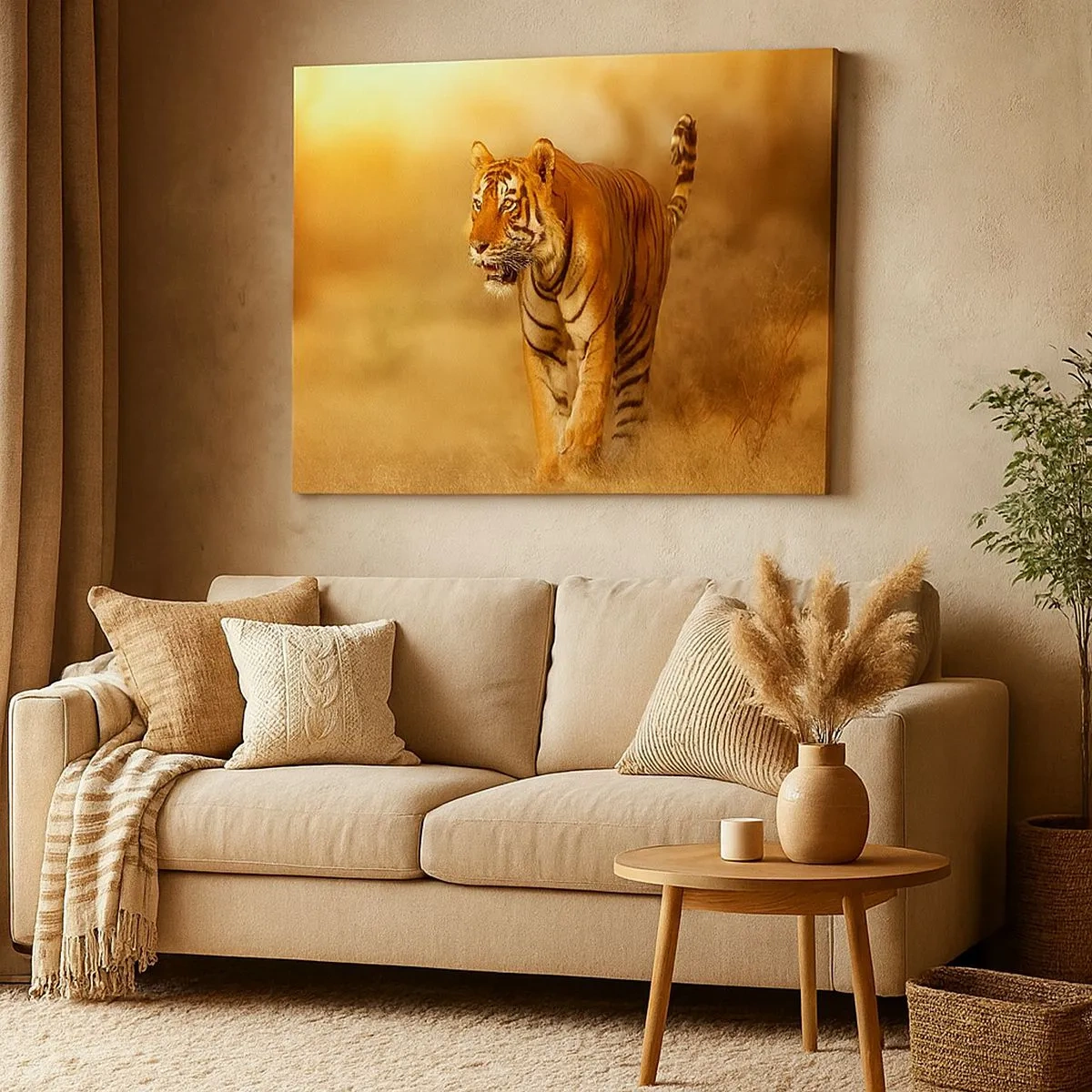 Quadro em tela - Um tigre caminhando pela savana em cores quentes - 70x50cm - Antes do ataque - Decoração de parede moderna para a sala de estar e quarto ARTTOR