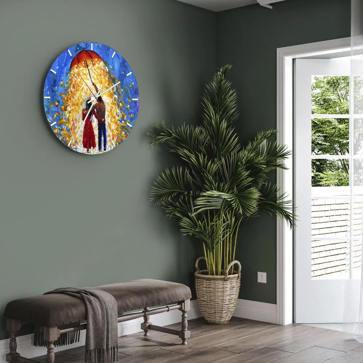 Relógio de parede - Relógio em vidro - Um casal sob um guarda-chuva vermelho em uma chuva luminosa de cores - 30x30cm - A magia de uma noite chuvosa? - Decoração de parede moderna para a sala de estar, cozinha e quarto ARTTOR