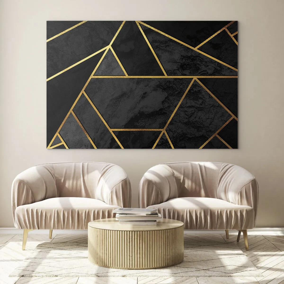 Quadro em vidro - Composição geométrica preta e dourada sobre fundo de mármore - 70x50cm - Escuridão e esplendor - Decoração de parede moderna para a sala de estar e quarto ARTTOR
