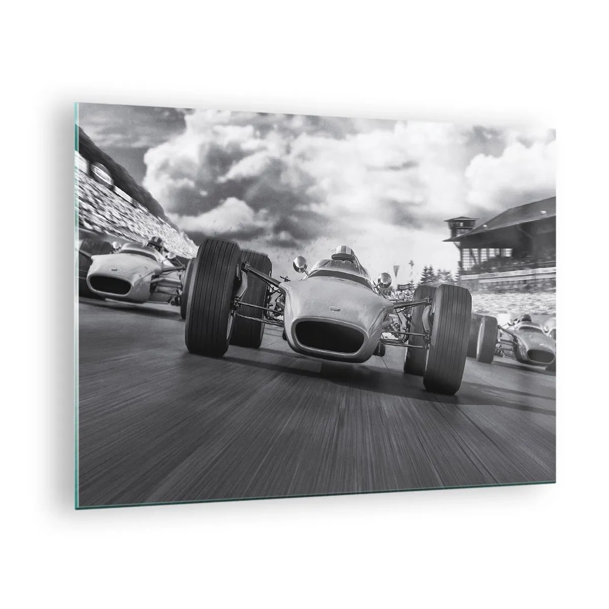 Quadro em vidro - Corrida de carros clássicos em uma pista em preto e branco - 70x50cm - O ronco do motor - Decoração de parede moderna para a sala de estar e quarto ARTTOR