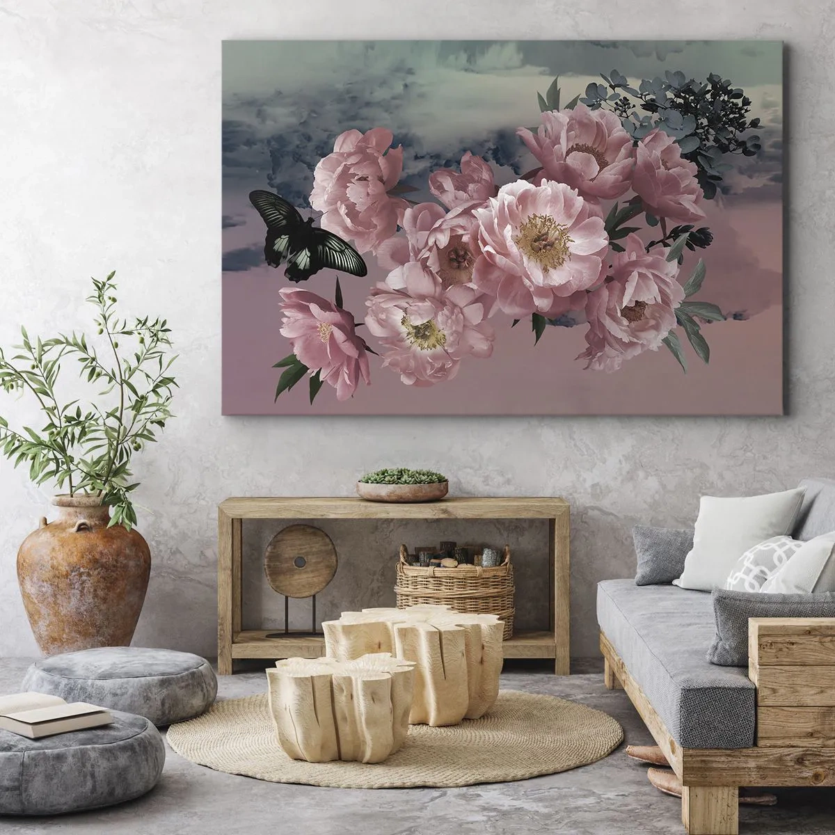 Quadro em tela - Peônias rosa com uma borboleta em um fundo pastel - 70x50cm - O auge do romantismo - Decoração de parede moderna para a sala de estar e quarto ARTTOR