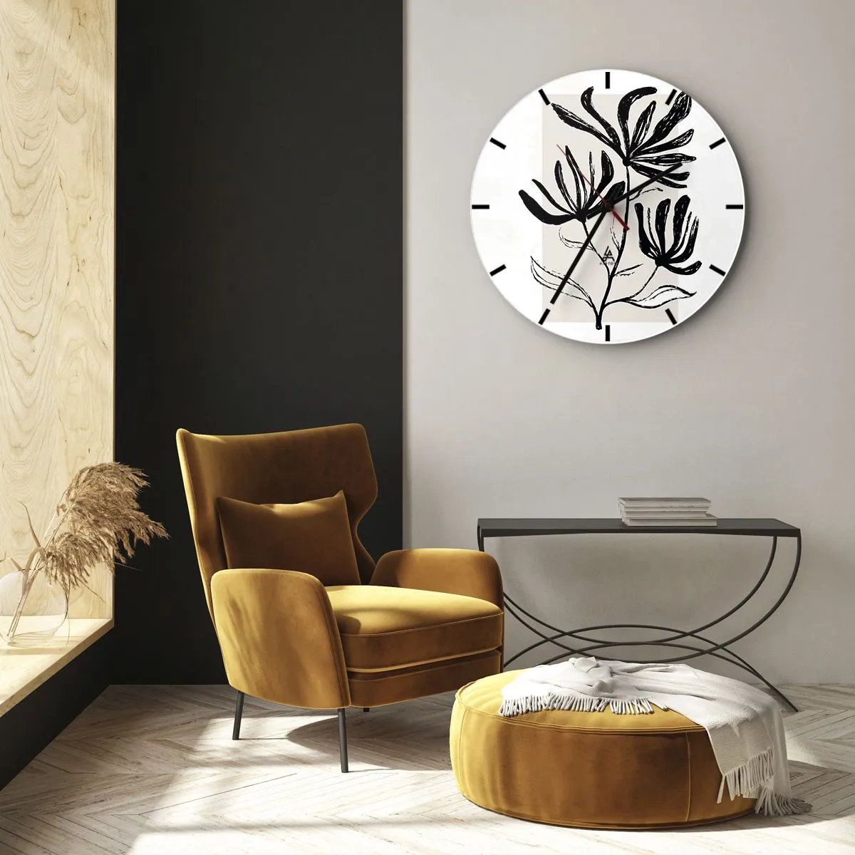Relógio de parede - Relógio em vidro - Um esboço preto de uma planta em um fundo claro com um toque bege. - 30x30cm - Esboço para o herbário - Decoração de parede moderna para a sala de estar, cozinha e quarto ARTTOR