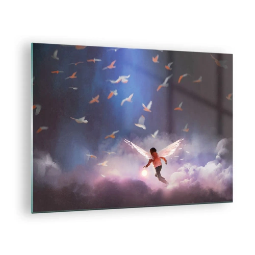 Quadro em vidro - Uma figura com asas de anjo flutuando entre as nuvens - 70x50cm - É preciso ter imaginação e coragem - Decoração de parede moderna para a sala de estar e quarto ARTTOR