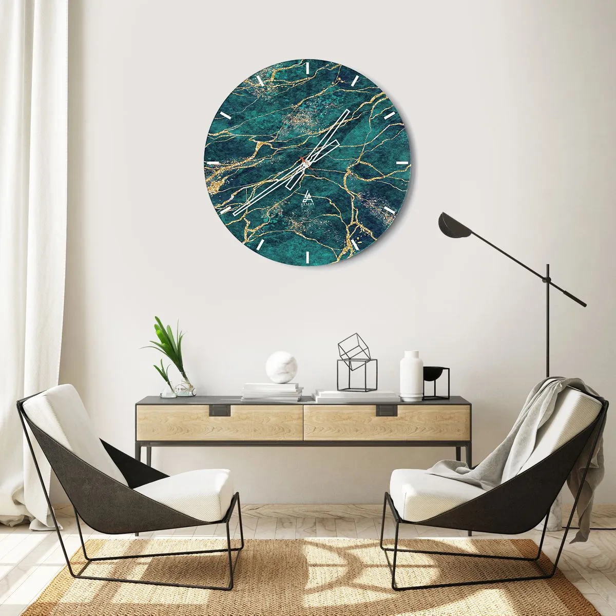 Relógio de parede - Relógio em vidro - Um padrão verde e dourado que lembra um mineral com veios dourados - 30x30cm - Veia dourada - Decoração de parede moderna para a sala de estar, cozinha e quarto ARTTOR