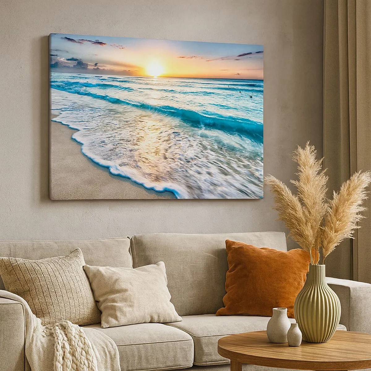 Quadro em tela - Nascer do sol sobre uma praia tranquila com ondas - 70x50cm - Uma visão que vale a pena - Decoração de parede moderna para a sala de estar e quarto ARTTOR