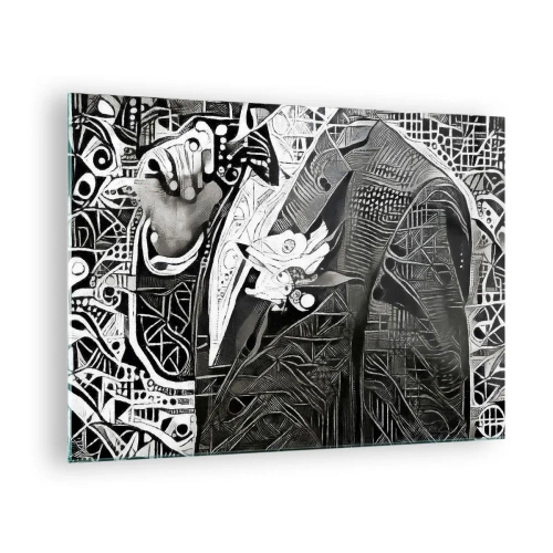 Quadro em vidro - Abstração em preto e branco com padrões geométricos - 70x50cm - Aparentemente apenas uma pessoa qualquer - Decoração de parede moderna para a sala de estar e quarto ARTTOR