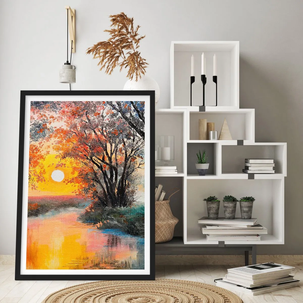 Pôster com moldura preta - Pôr do sol sobre um rio com árvores - 50x70cm - Vibrações de outono - Decoração de parede moderna para a sala de estar e quarto ARTTOR