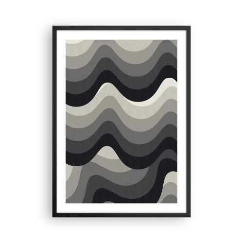 Pôster com moldura preta - Ondas geométricas em tons de preto e cinza - 50x70cm - Onda após onda - Decoração de parede moderna para a sala de estar e quarto ARTTOR