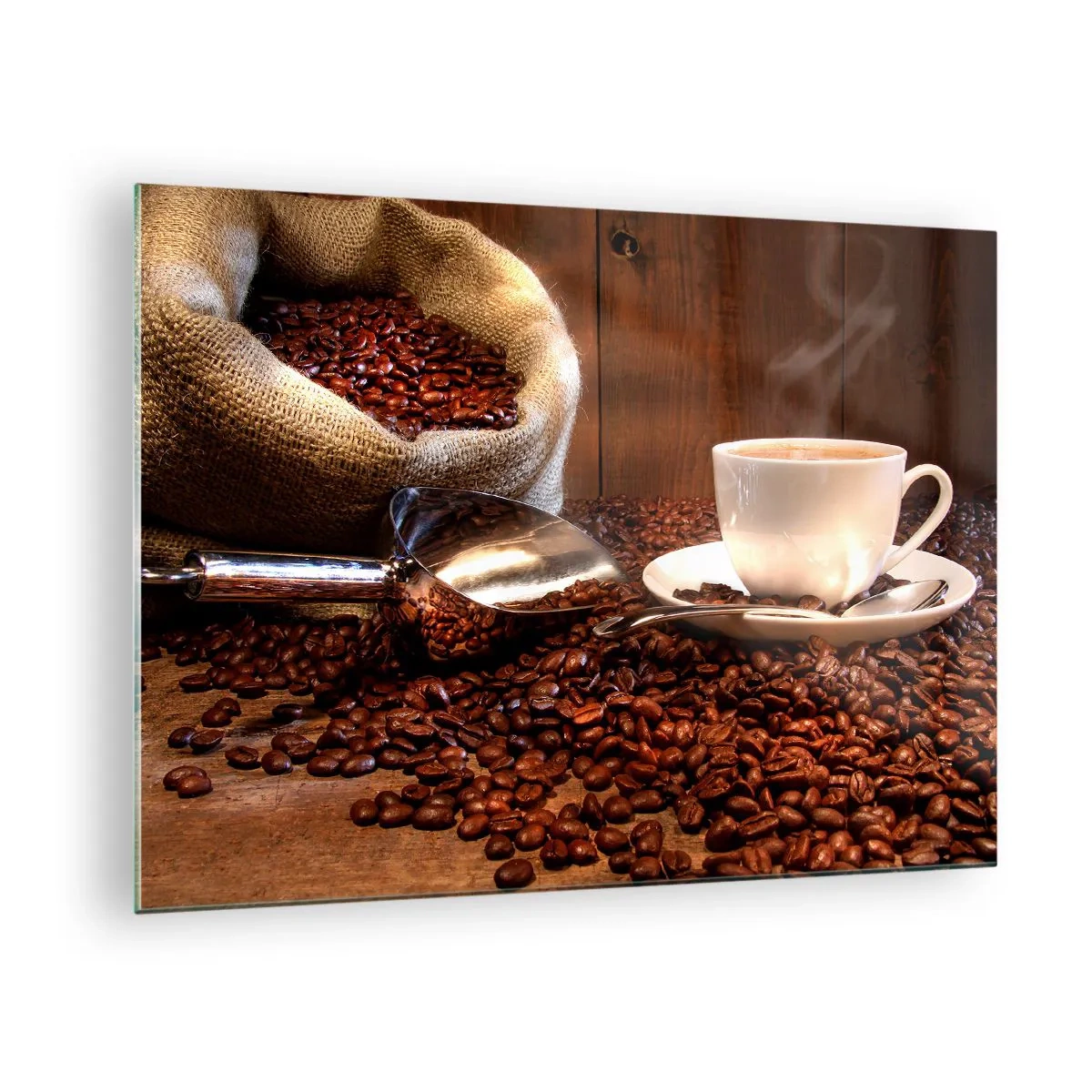 Quadro em vidro - Uma xícara de café sobre um fundo de grãos e um saco de juta - 70x50cm - Dá para sentir esse cheiro? - Decoração de parede moderna para a sala de estar e quarto ARTTOR