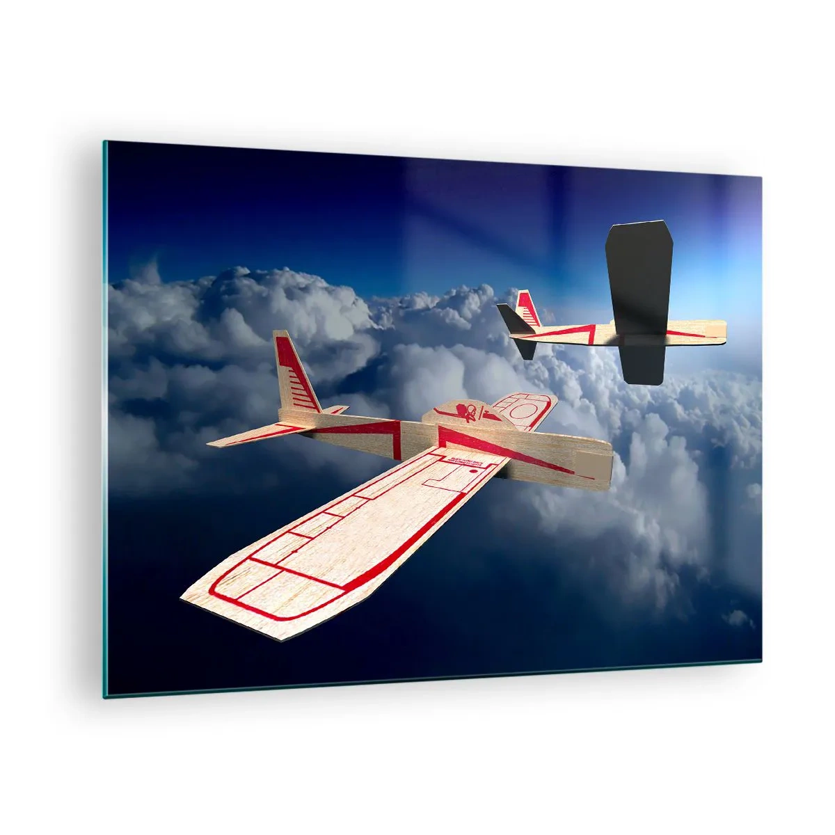 Quadro em vidro - Aeromodelos planando nas nuvens - 70x50cm - Ainda maior, ainda mais longe - Decoração de parede moderna para a sala de estar e quarto ARTTOR