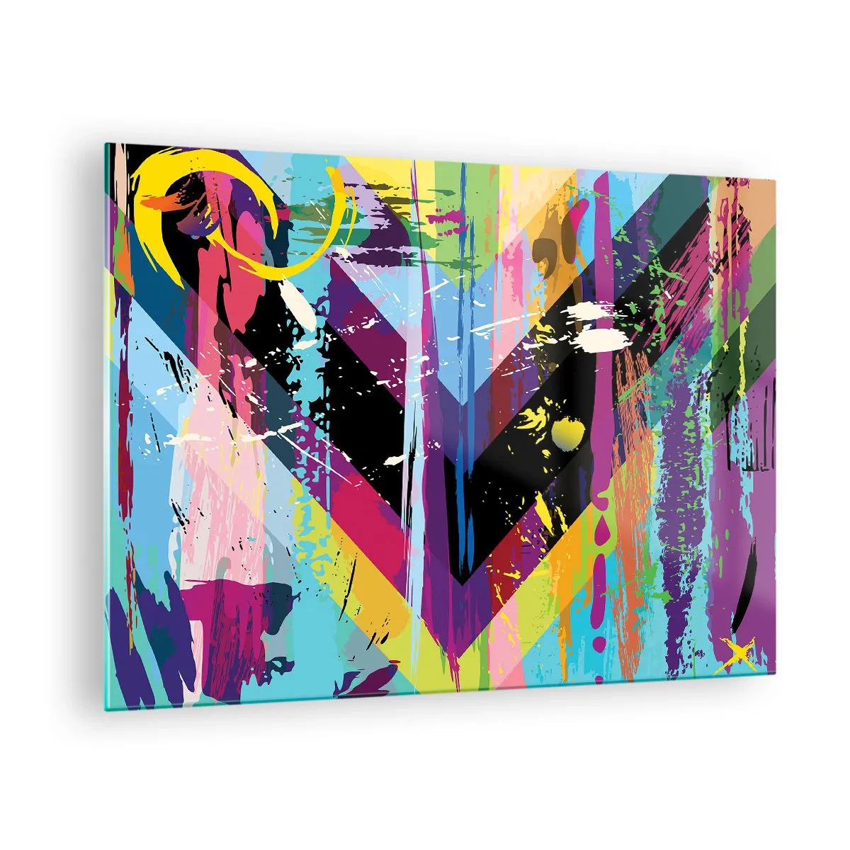 Quadro em vidro - Abstração colorida com formas dinâmicas e cores intensas - 70x50cm - De cima para baixo - Decoração de parede moderna para a sala de estar e quarto ARTTOR
