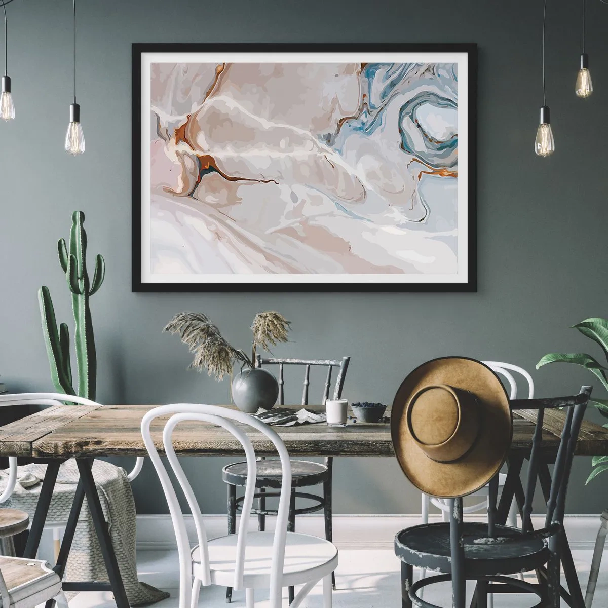 Pôster com moldura preta - Meandros azuis sob branco - 100x70 cm