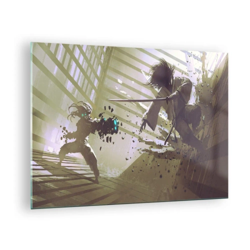 Quadro em vidro - Duelo de samurais em uma cena dinâmica - 70x50cm - Você também pode ser um samurai - Decoração de parede moderna para a sala de estar e quarto ARTTOR