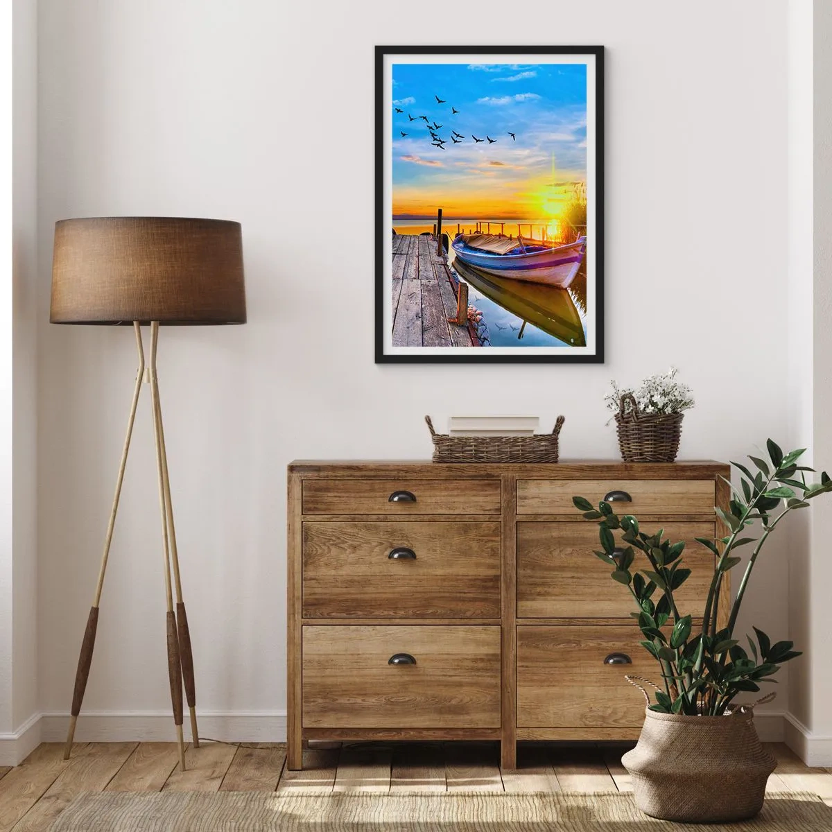 Pôster com moldura preta - Um barco em um lago ao pôr do sol com pássaros ao fundo - 50x70cm - Adeus, até amanhã - Decoração de parede moderna para a sala de estar e quarto ARTTOR