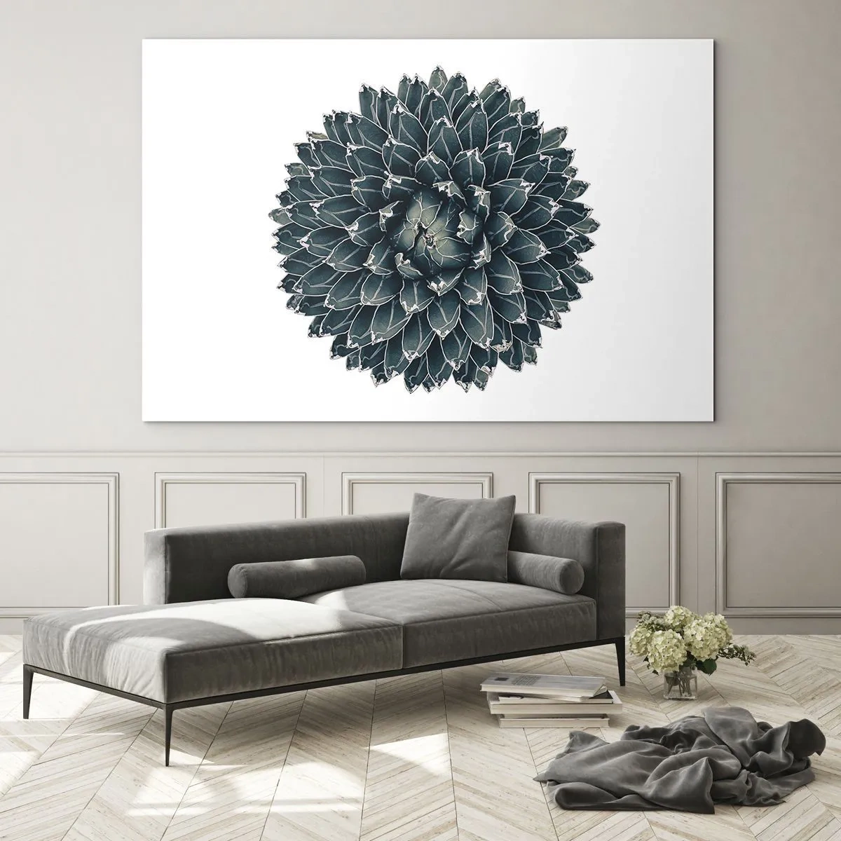 Quadro em vidro - Padrão simétrico de planta suculenta em fundo branco - 70x50cm - Estrela do Deserto - Decoração de parede moderna para a sala de estar e quarto ARTTOR