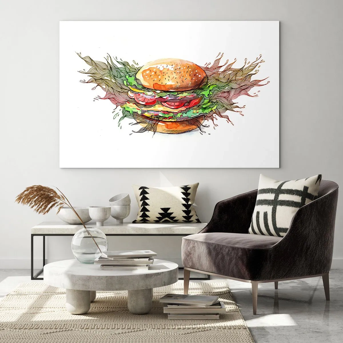 Quadro em vidro - Desenho artístico de um hambúrguer com detalhes em aquarela - 70x50cm - Tentação quente - Decoração de parede moderna para a sala de estar e quarto ARTTOR