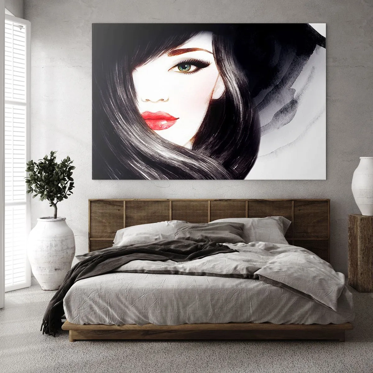 Quadro em vidro - Retrato de uma mulher com cabelos pretos e lábios vermelhos expressivos - 70x50cm - Olhar de safira - Decoração de parede moderna para a sala de estar e quarto ARTTOR