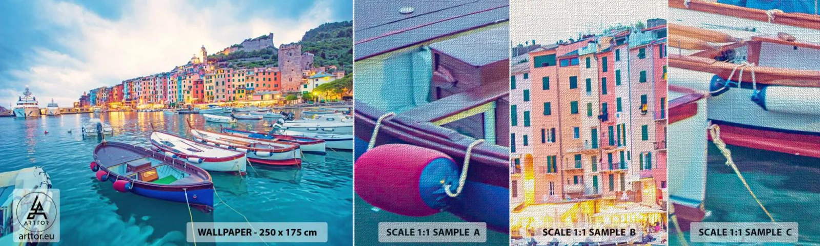 Amostra de papel de parede Premium Canvas - Uma noite colorida no porto - Porto da cidade, Arquitetura, Paisagem - 100x30 cm