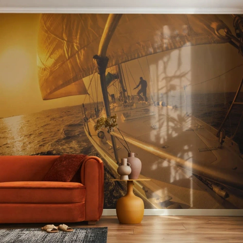 Papel de Parede Autocolante Deluxe Sticker - Noite dourada depois de um dia multicolorido - Estudos marítimos, Barco a vela, Viagens - 250x175 cm