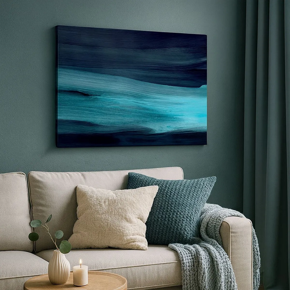Quadro em tela - Ondas abstratas sutis em tons escuros de azul - 70x50cm - Vá com o fluxo - Decoração de parede moderna para a sala de estar e quarto ARTTOR