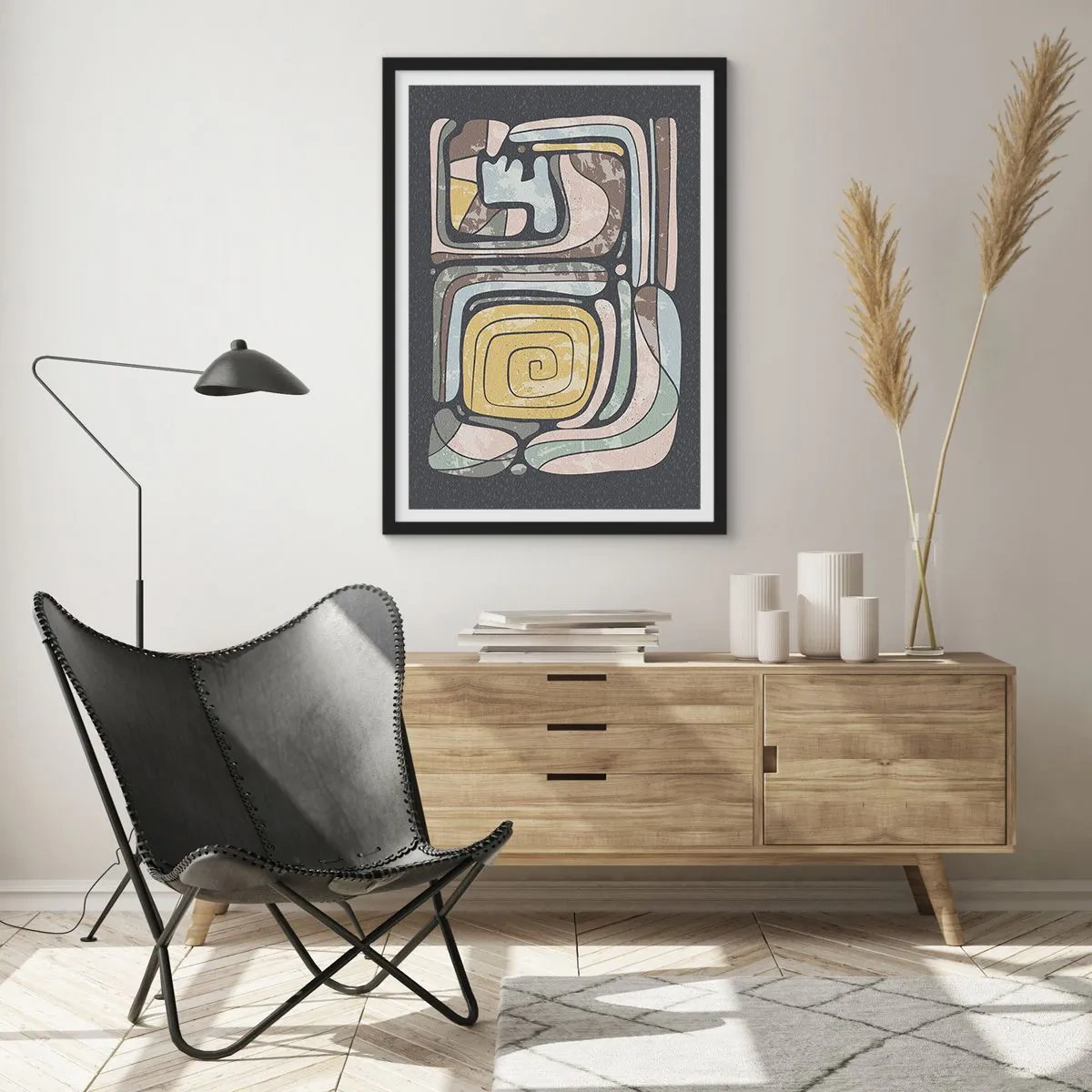 Pôster com moldura preta - Arte abstrata com padrões geométricos em tons terrosos - 50x70cm - Abstração no espírito pré-colombiano - Decoração de parede moderna para a sala de estar e quarto ARTTOR