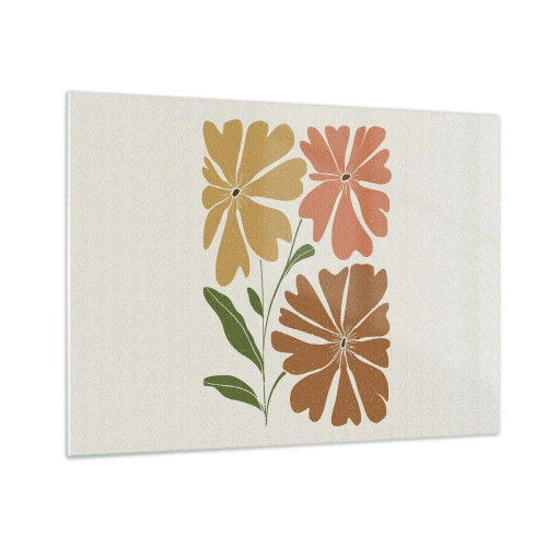 Quadro em vidro - Três flores estilizadas em cores quentes sobre fundo claro - 70x50cm - Natureza e geometria - Decoração de parede moderna para a sala de estar e quarto ARTTOR