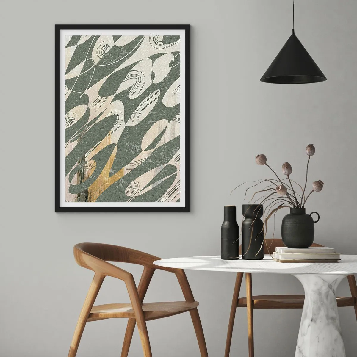 Pôster com moldura preta - Uma composição abstrata de formas orgânicas em verde e bege. - 50x70cm - Abstração rítmica - Decoração de parede moderna para a sala de estar e quarto ARTTOR