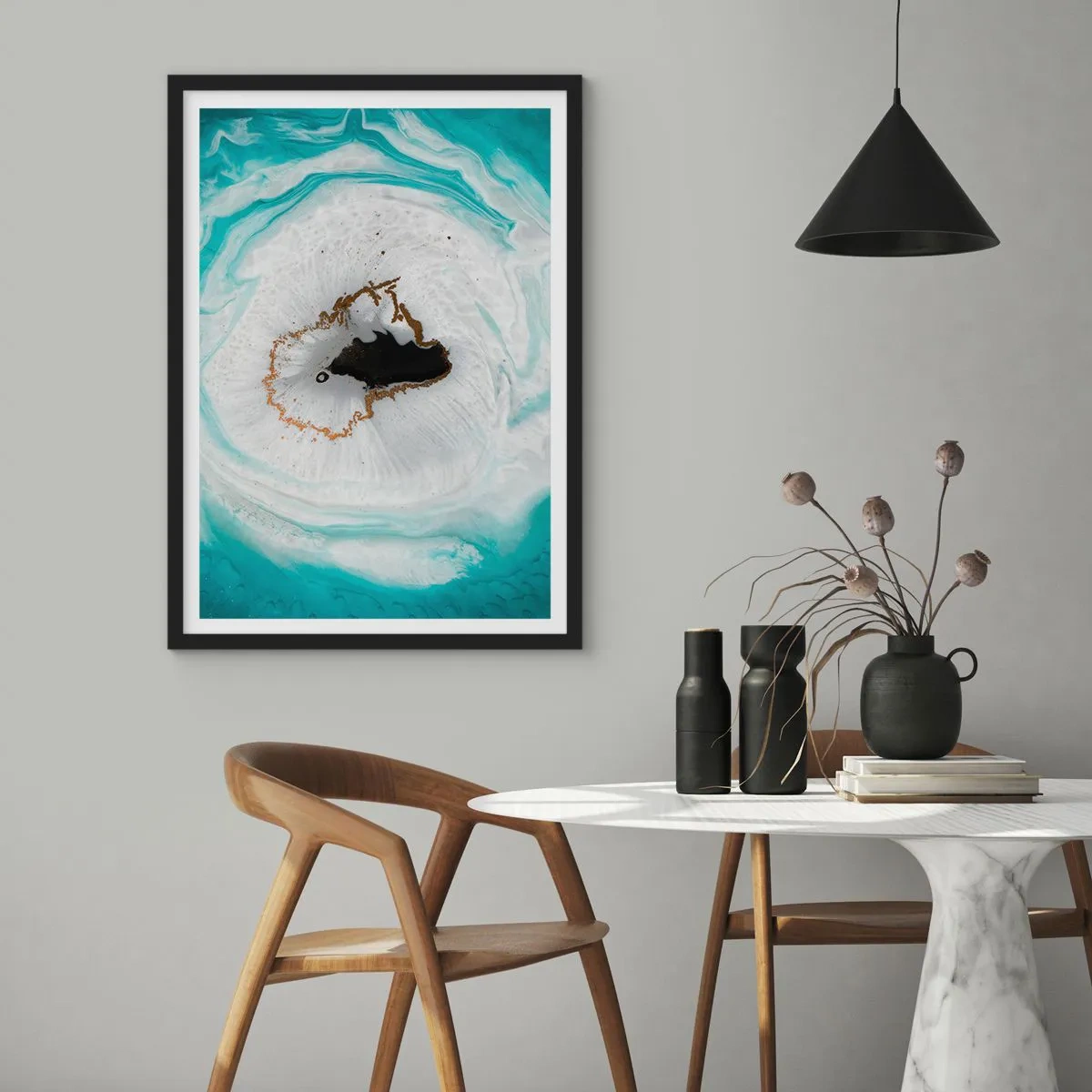 Pôster com moldura preta - Um motivo abstrato em tons de turquesa e branco com um toque de dourado - 50x70cm - Penetrar no interior - Decoração de parede moderna para a sala de estar e quarto ARTTOR