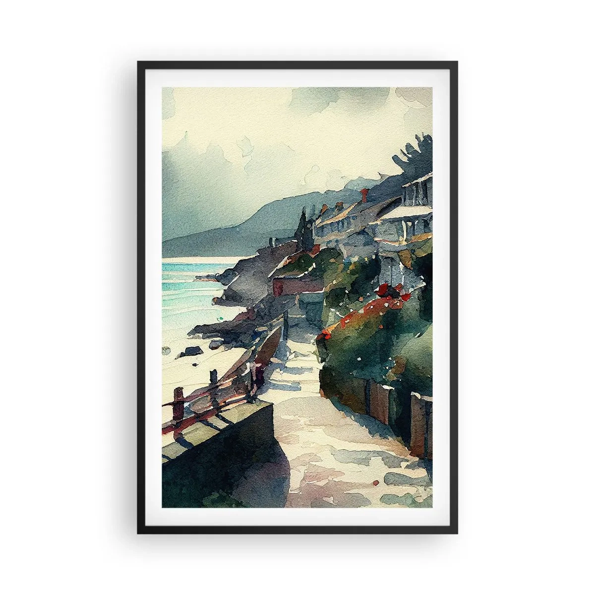 Pôster com moldura preta - Cidade mediterrânea - 61x91 cm