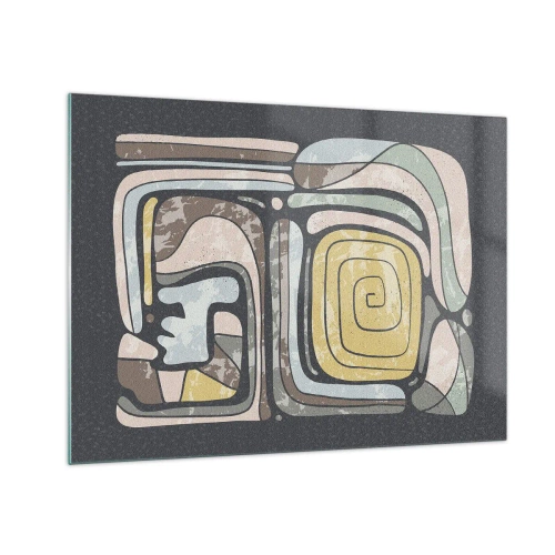 Quadro em vidro - Abstração geométrica em tons terrosos sobre fundo preto - 70x50cm - Abstração no espírito pré-colombiano - Decoração de parede moderna para a sala de estar e quarto ARTTOR