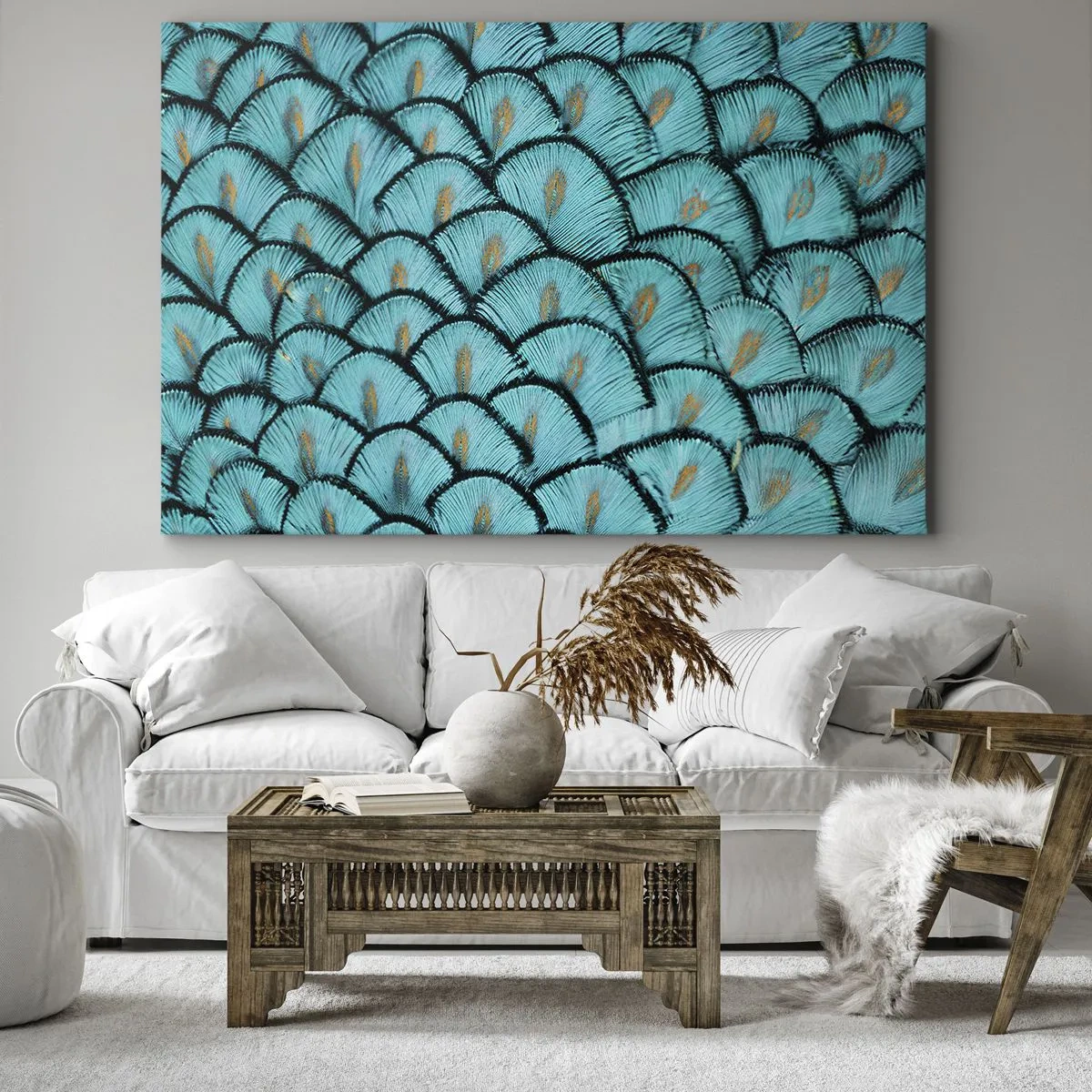 Quadro em tela - Um padrão que lembra escamas turquesa com detalhes dourados - 70x50cm - A grande gala de penas - Decoração de parede moderna para a sala de estar e quarto ARTTOR